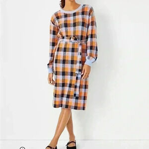 Ann Taylor Plaid Tie Waist Sweater‎ Shift Dress M petite